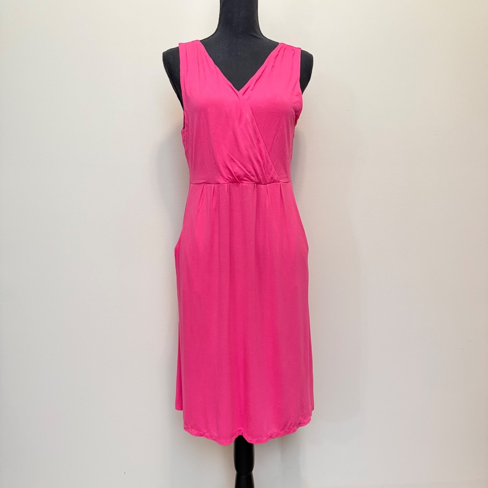 Garnet Hill Pink Faux Wrap Sleeveless Jersey Pocket Dress Womens L Resort Barbie